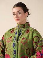 Women's Green Suzani Velvet Jacket Pink Floral Embroidered Boho Coat