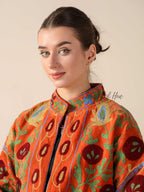 Women's Rust Orange Suzani Velvet Jacket Multi Color Embroidered Boho Coat