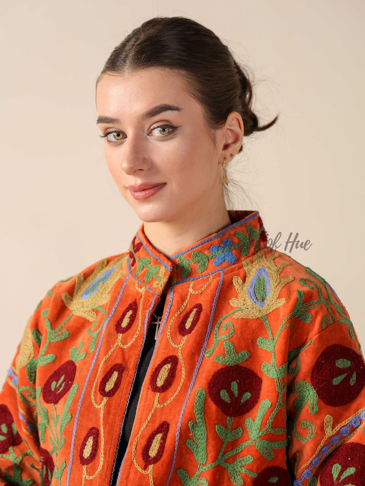 Women's Rust Orange Suzani Velvet Jacket Multi Color Embroidered Boho Coat