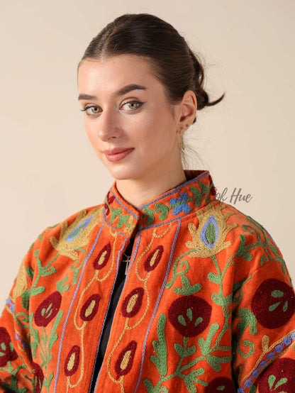 Women's Rust Orange Suzani Velvet Jacket Multi Color Embroidered Boho Coat