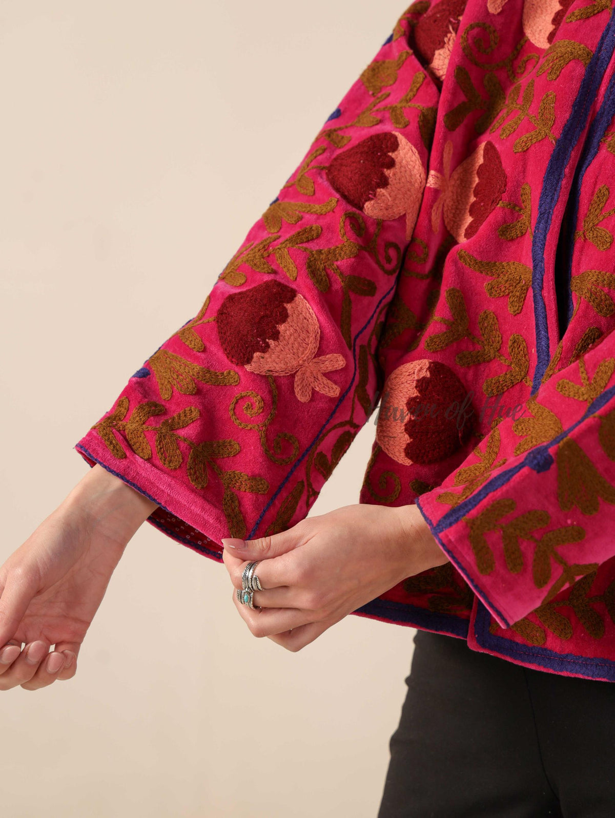 Women's Pink Suzani Velvet Jacket Maroon Floral Embroidered Boho Coat