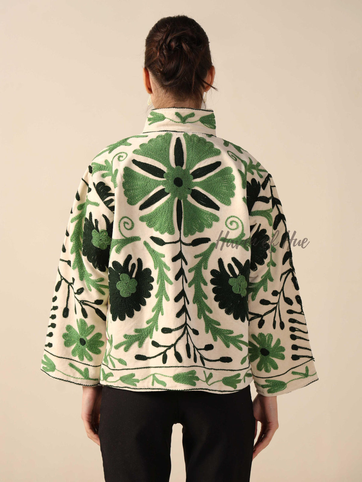 Women's White Suzani Velvet Jacket Green Floral Embroidered Boho Coat