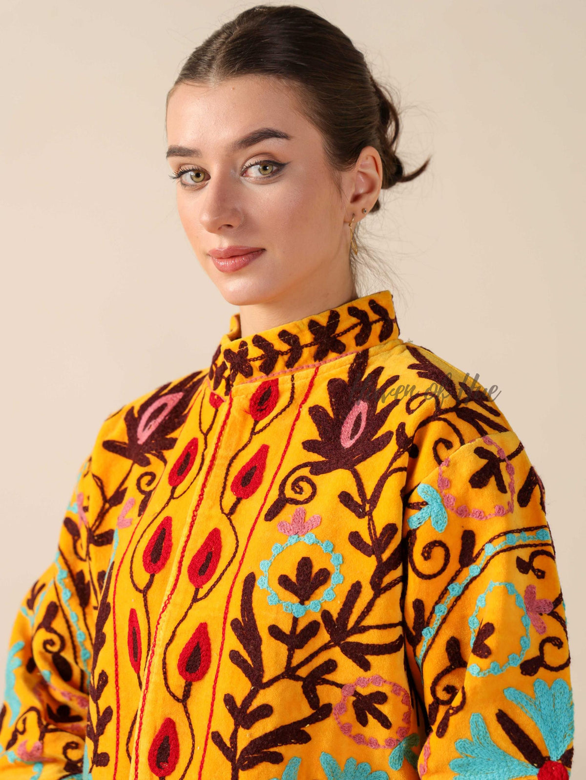 Women's Yellow Suzani Velvet Jacket Teal and Red Embroidered Boho Coat