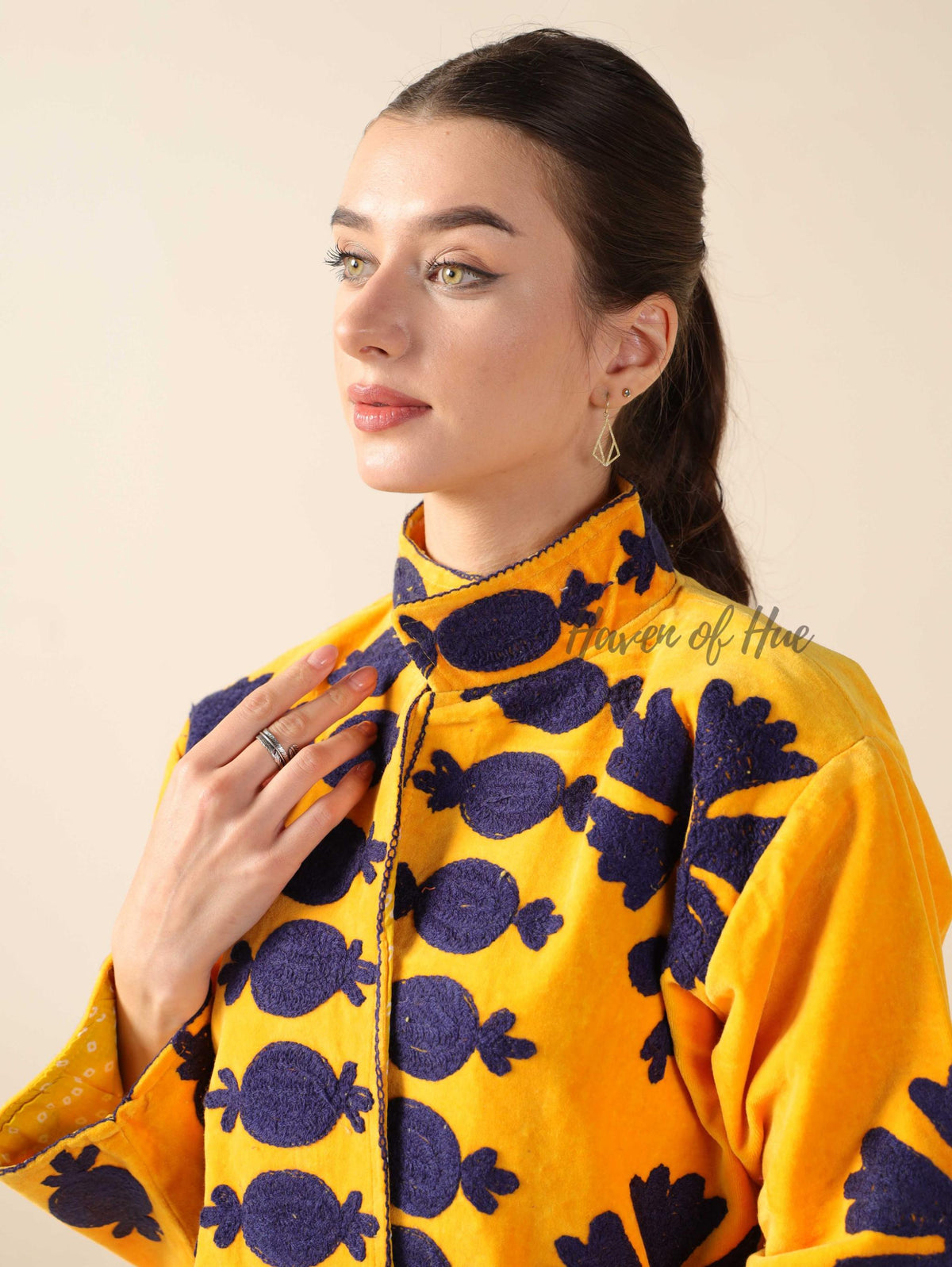 Women's Yellow Suzani Velvet Jacket Purple Pomegranate Embroidered Boho Coat