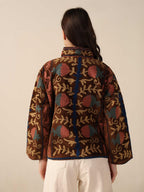 Brown Suzani Velvet Jacket Teal Floral Embroidered Boho Artisanal Statement Coat