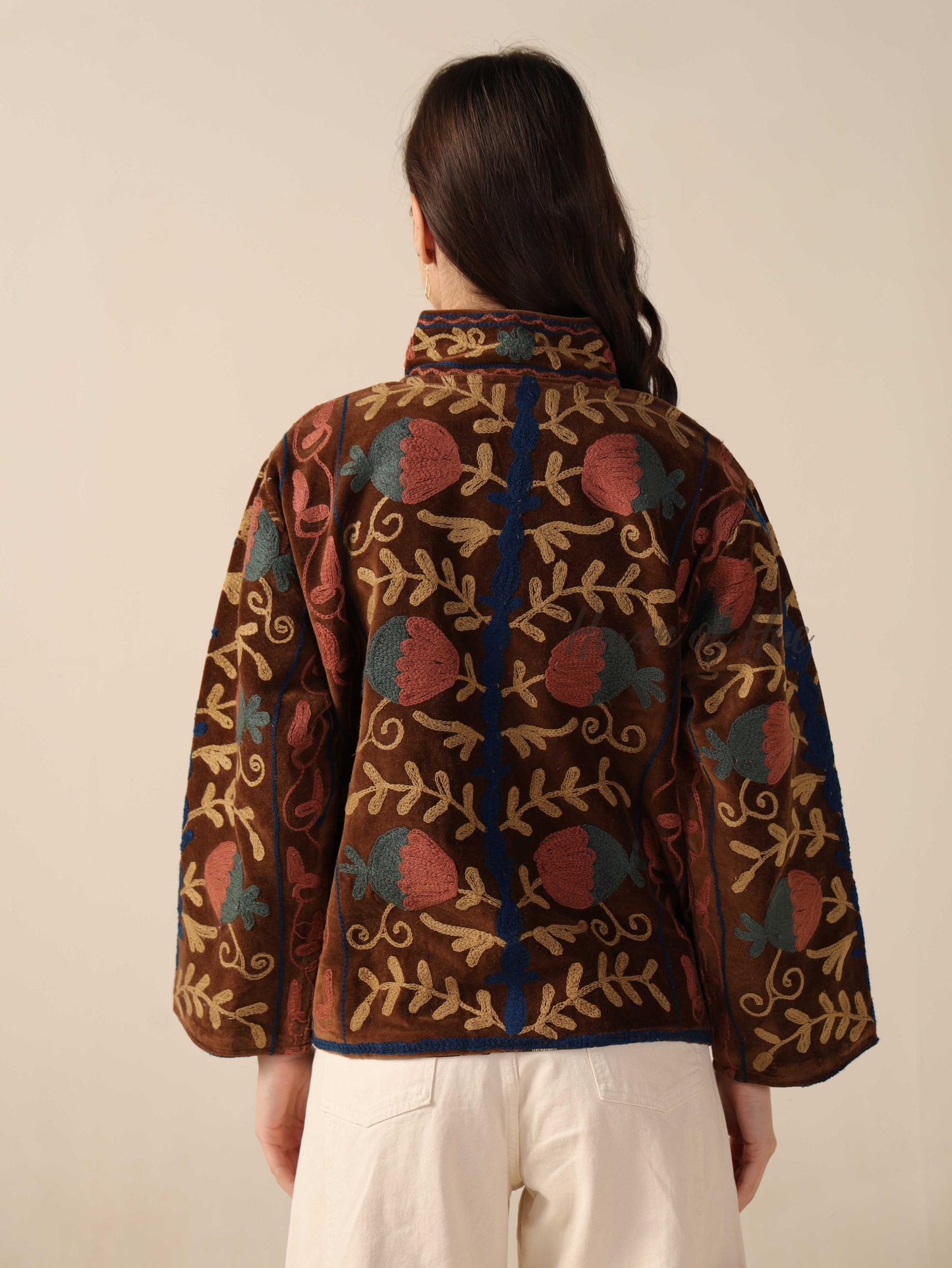Brown Suzani Velvet Jacket Teal Floral Embroidered Boho Artisanal Statement Coat