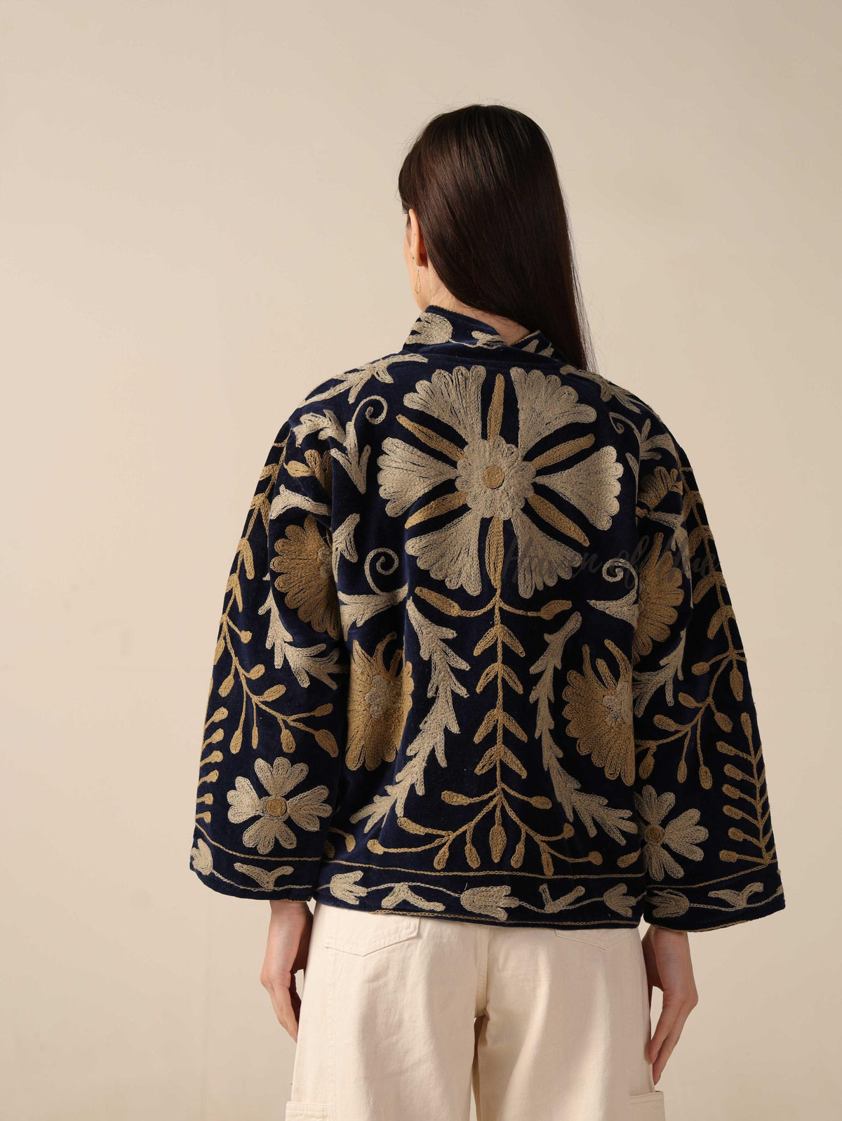 Navy Blue Suzani Velvet Jacket Gold Embroidered Boho Floral Statement Coat