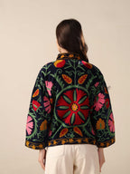 Black Suzani Velvet Jacket Pink Green Floral Embroidered Boho Chic Coat