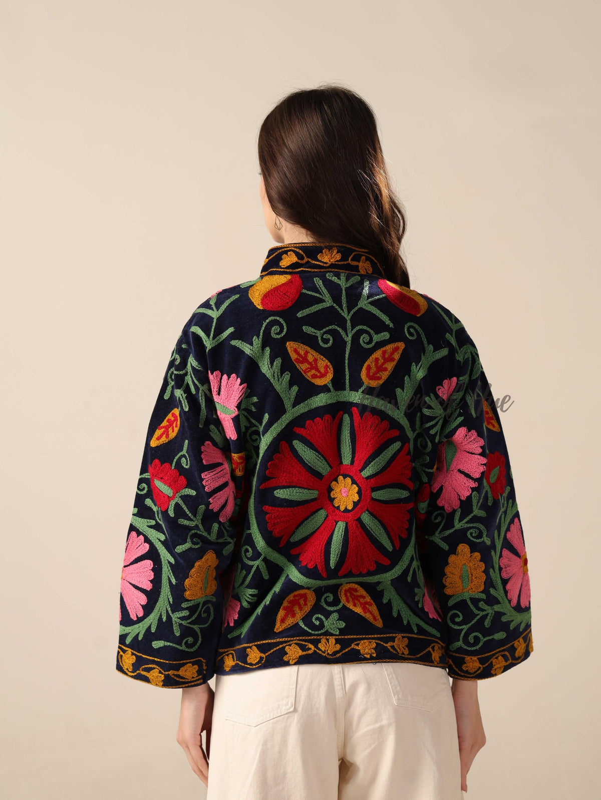 Black Suzani Velvet Jacket Pink Green Floral Embroidered Boho Chic Coat