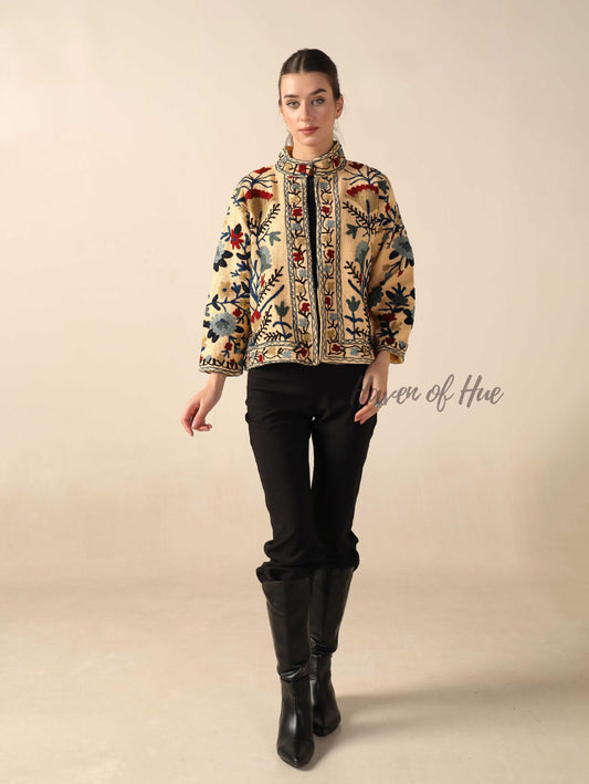 Women's Cotton Embroidered Jacket Lightweight Boho Casual Open Front Outerwear