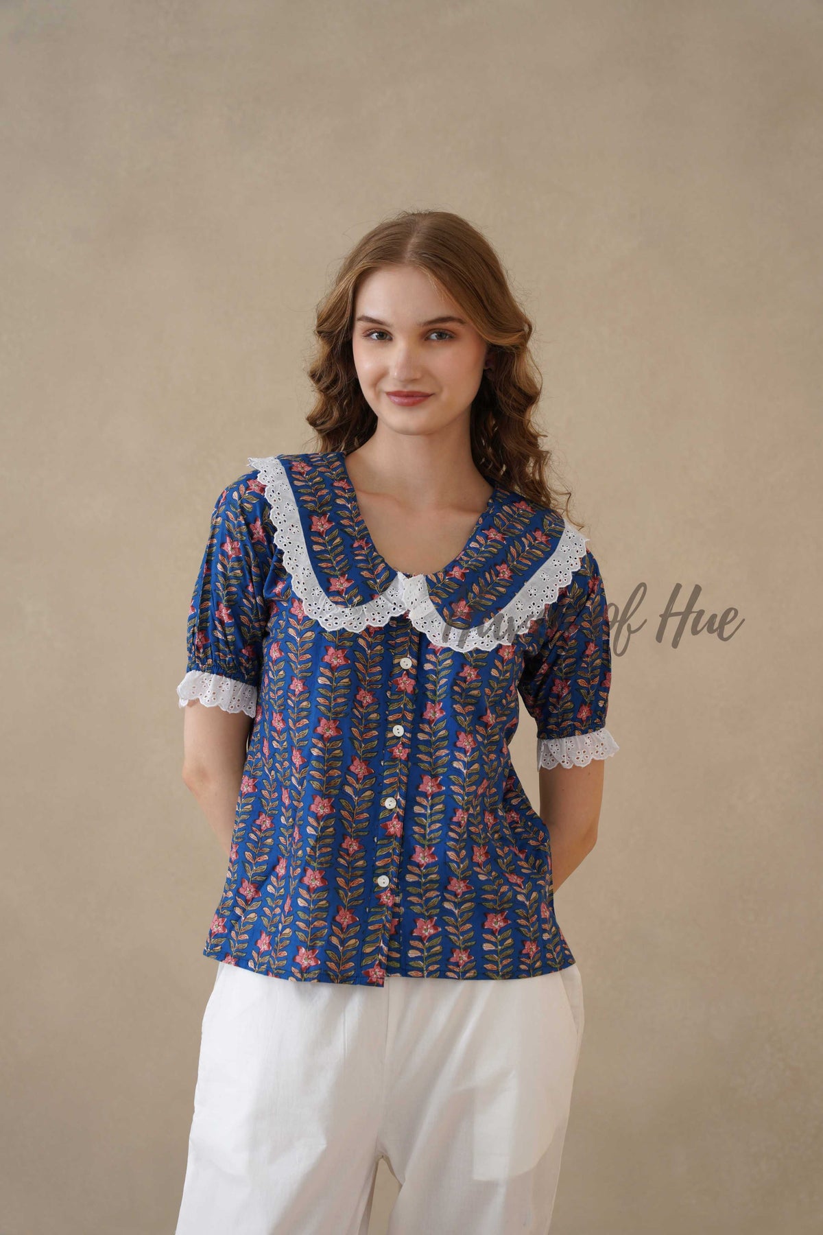 Women’s Blue Floral Cotton Block Printed Top with Lace Peter Pan Collar