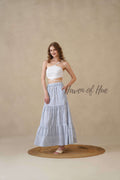 Women’s Blue Diamond Print Cotton Boho Tiered Maxi Skirt for Summer