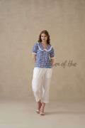 Women's Blue Floral Cotton Block Print Top with Lace Peter Pan Collar