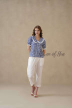 Women's Blue Floral Cotton Block Print Top with Lace Peter Pan Collar