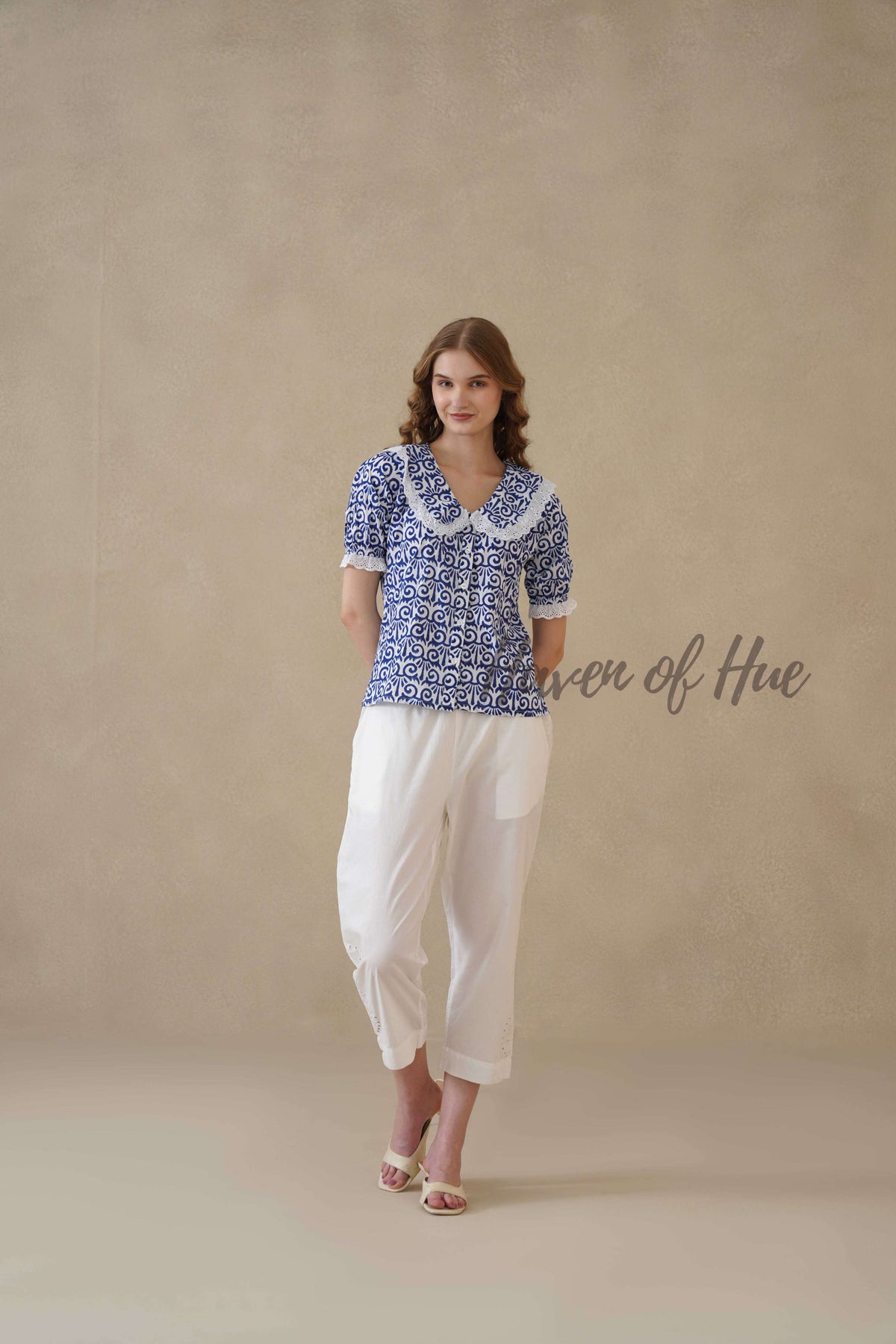 Women's Blue Floral Cotton Block Print Top with Lace Peter Pan Collar