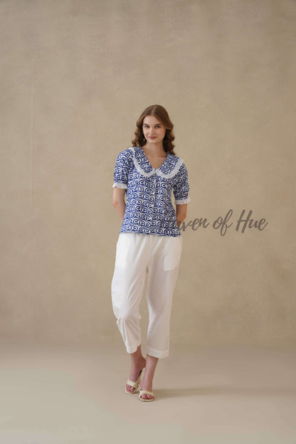 Women's Blue Floral Cotton Block Print Top with Lace Peter Pan Collar