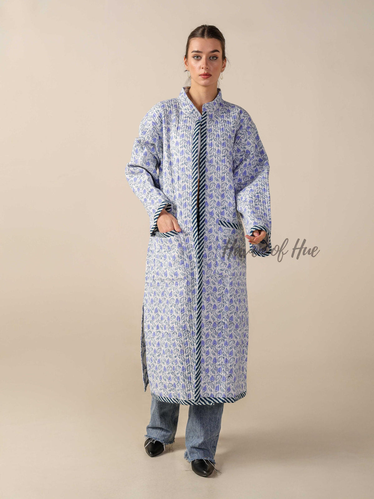 Women’s Blue Floral Cotton Quilted Long Jacket Lightweight Boho Embroidered Outerwear
