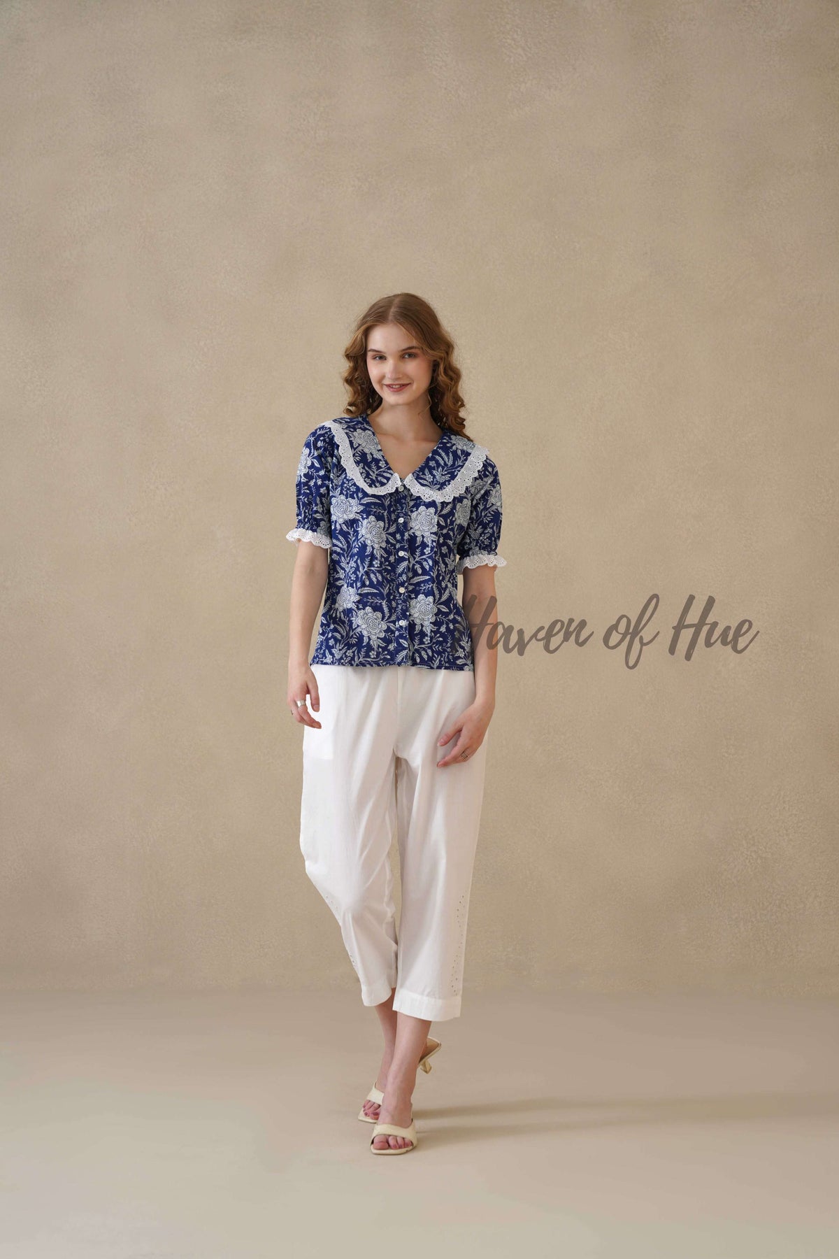 Women's Blue Floral Cotton Summer Top with Elegant Lace Collar
