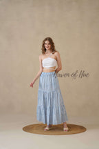 Women's Blue and White Striped Cotton Boho Tiered Maxi Skirt for Summer