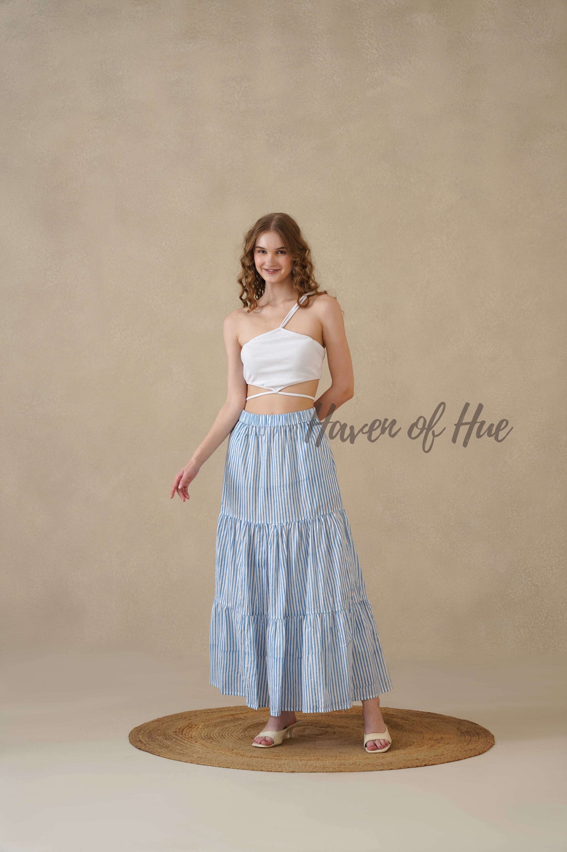 Women's Blue and White Striped Cotton Boho Tiered Maxi Skirt for Summer