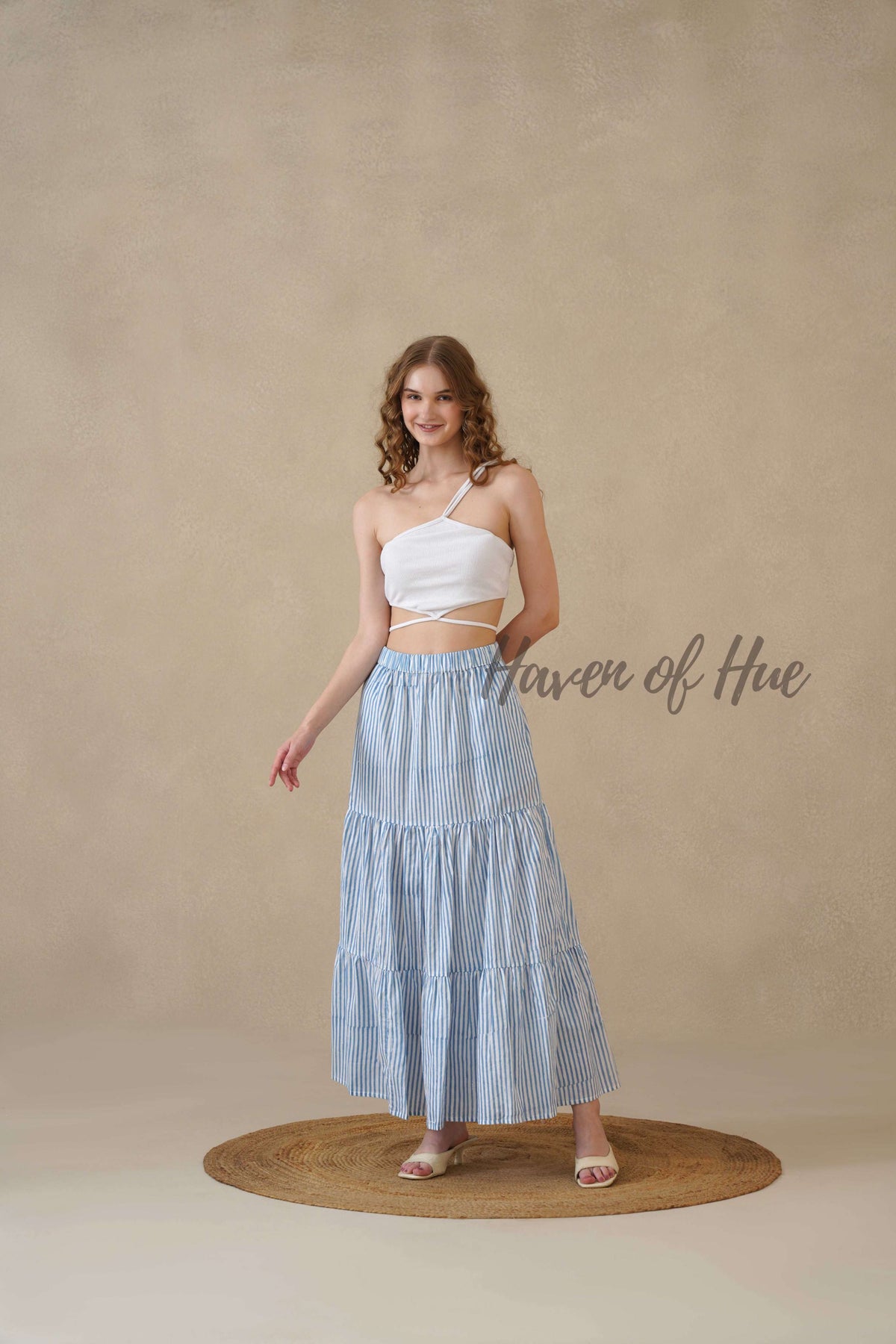 Women's Blue and White Striped Cotton Boho Tiered Maxi Skirt for Summer