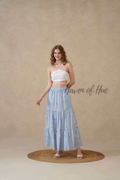 Women's Blue and White Striped Cotton Boho Tiered Maxi Skirt for Summer