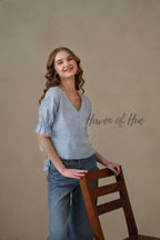 Women’s Blue and White Striped Cotton Wrap Top with Puff Sleeves