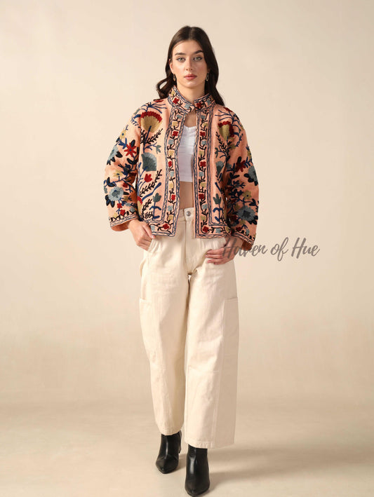 Women’s Embroidered Cotton Suzani Jacket Bohemian Winterwear Short Coat Handmade TNT Fabric Outerwear for Women