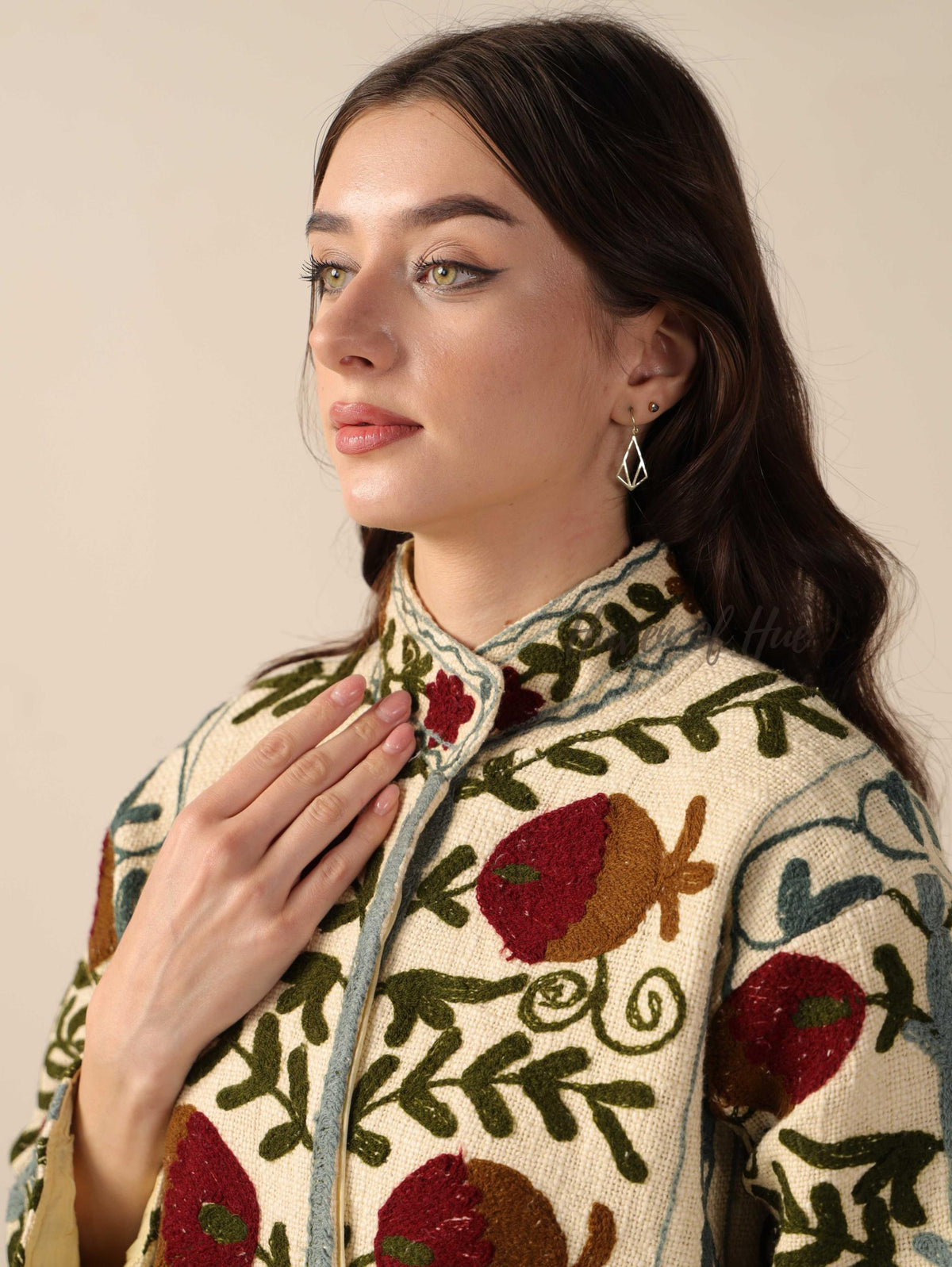 Women's Cream Cotton Embroidered Jacket Boho Lightweight Relaxed Fit Casual Outerwear