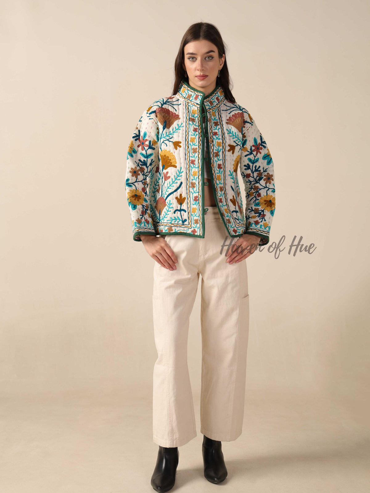 Hand Embroidered Suzani Kantha Jacket, White Quilted Cotton Women’s Jacket