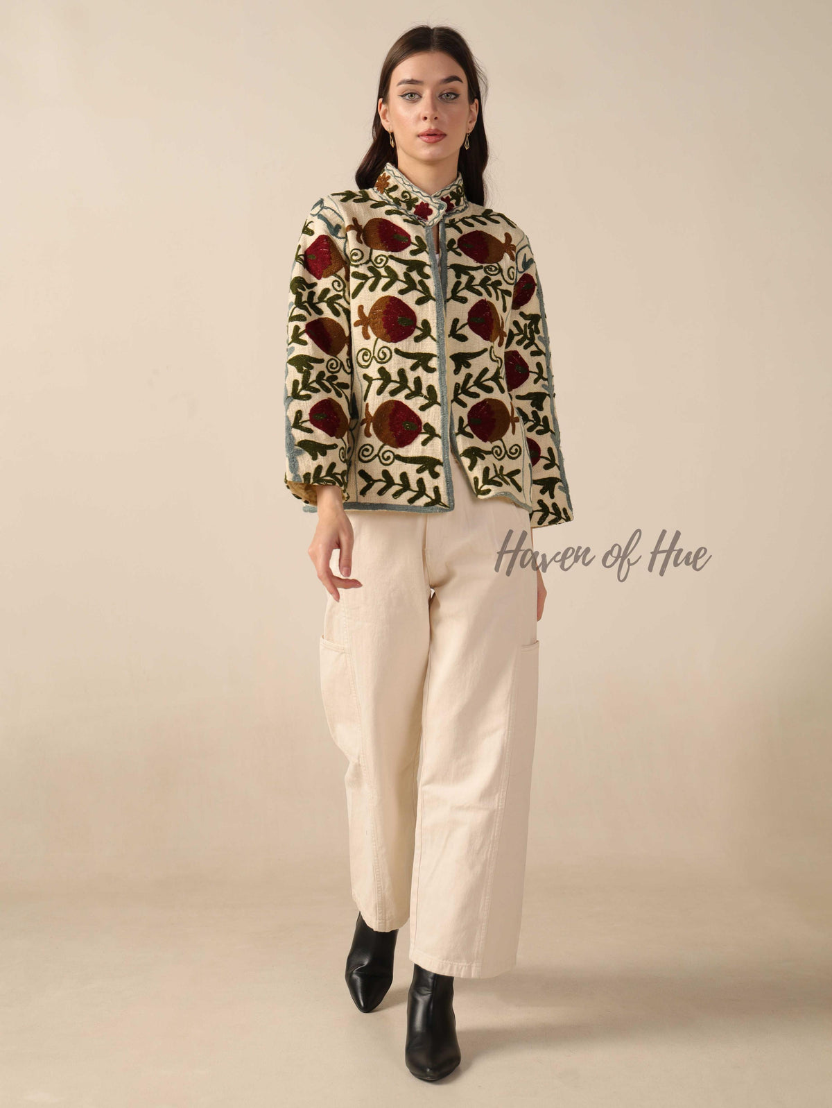 Women's Cream Cotton Embroidered Jacket Boho Lightweight Relaxed Fit Casual Outerwear