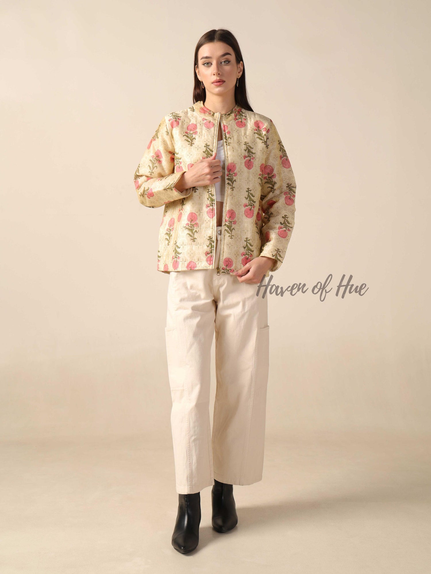 Silk Floral Printed Jacket for Women Lightweight Zip Front Silk Coat