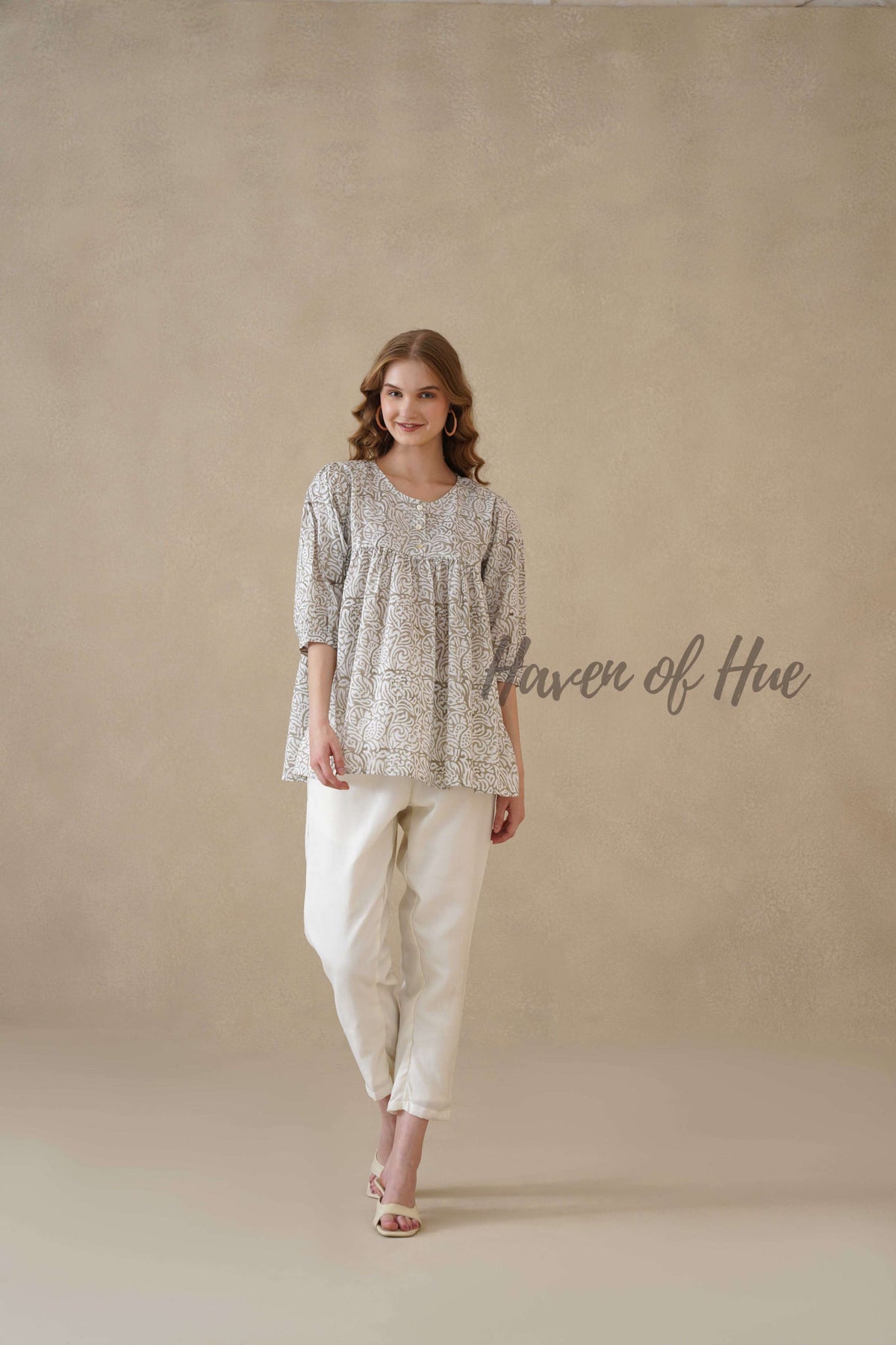 Women’s Gray Floral Hand Block Printed Cotton A-Line Boho Blouse