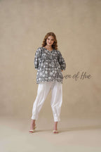 Women’s Gray Floral Hand Block Printed Cotton Boho Relaxed Top