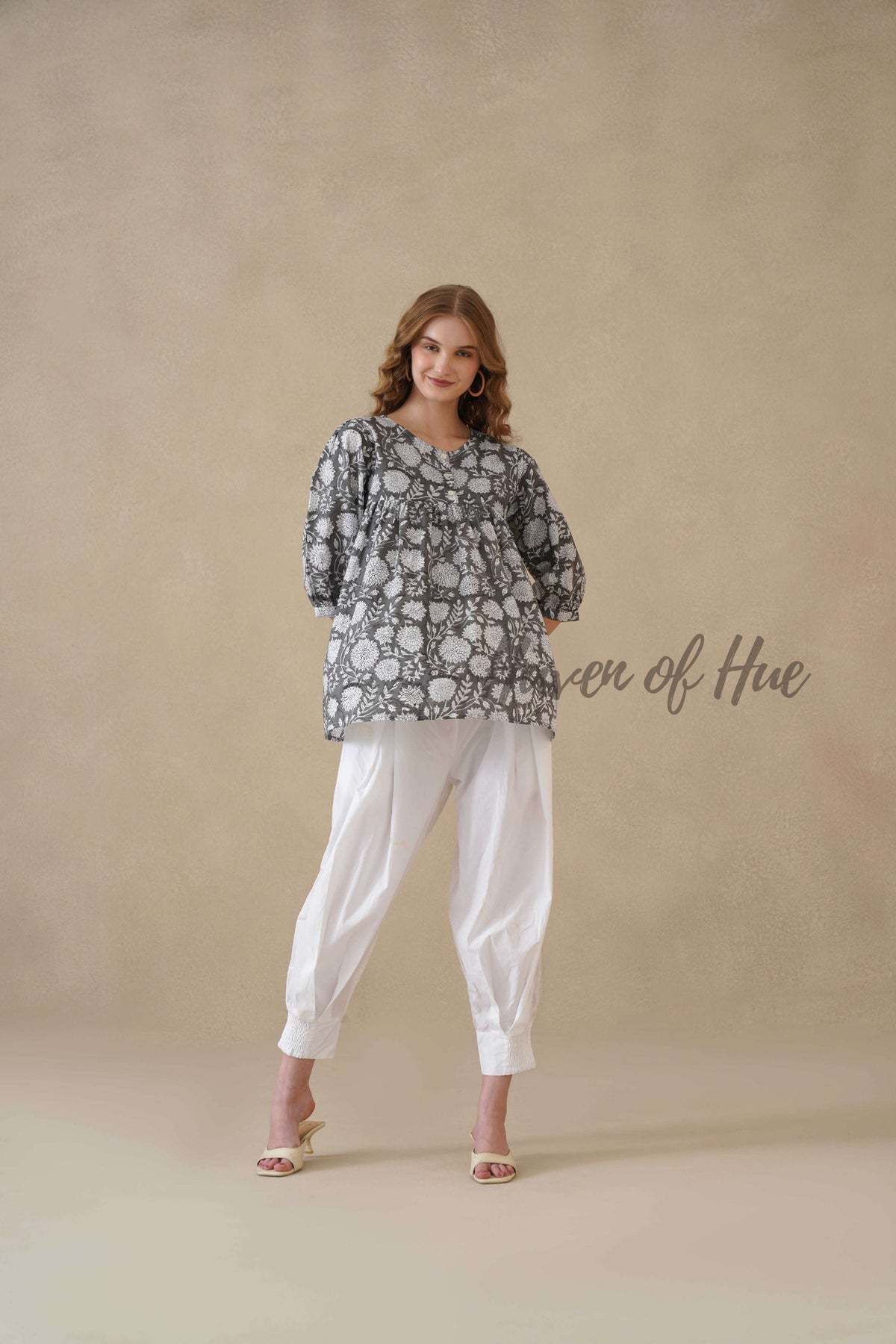 Women’s Gray Floral Hand Block Printed Cotton Boho Relaxed Top