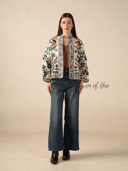 Suzani Embroidered Cotton Boho Jacket Handmade Women’s Winter Coat TNT Fabric Outerwear One Size Fit Jacket