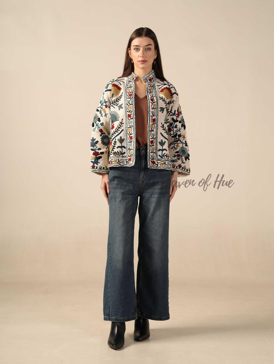 Suzani Embroidered Cotton Boho Jacket Handmade Women’s Winter Coat TNT Fabric Outerwear One Size Fit Jacket