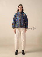 Kantha Suzani Embroidered Jacket Boho Quilted Cotton Coat, Handmade Folk Art Floral Jacket