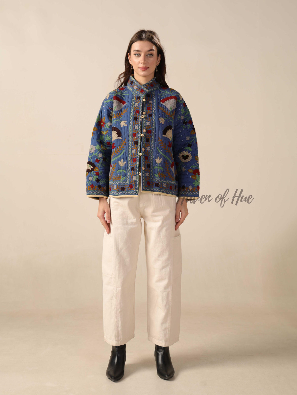 Kantha Suzani Embroidered Jacket Boho Quilted Cotton Coat, Handmade Folk Art Floral Jacket