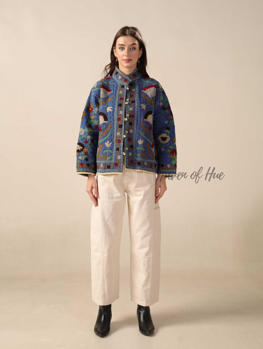 Kantha Suzani Embroidered Jacket Boho Quilted Cotton Coat, Handmade Folk Art Floral Jacket