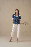 Women’s Indigo Blue Tree Print Cotton Top with Lace Peter Pan Collar
