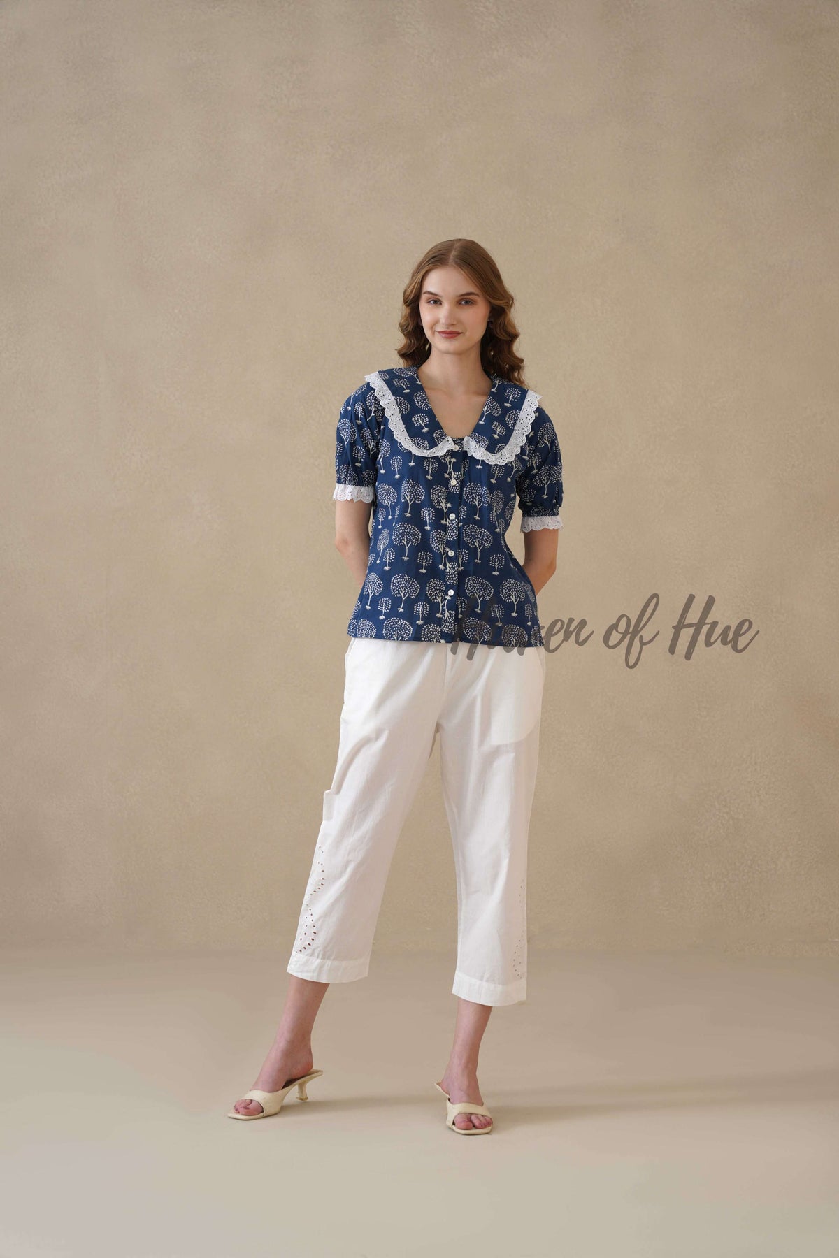 Women’s Indigo Blue Tree Print Cotton Top with Lace Peter Pan Collar