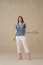 Women's Indigo Hand Block Printed Cotton Top with Lace Peter Pan Collar
