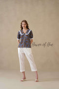 Women's Leopard Block Printed Cotton Blouse with Lace Peter Pan Collar