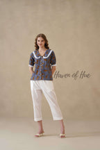 Women's Leopard Block Printed Cotton Blouse with Lace Peter Pan Collar
