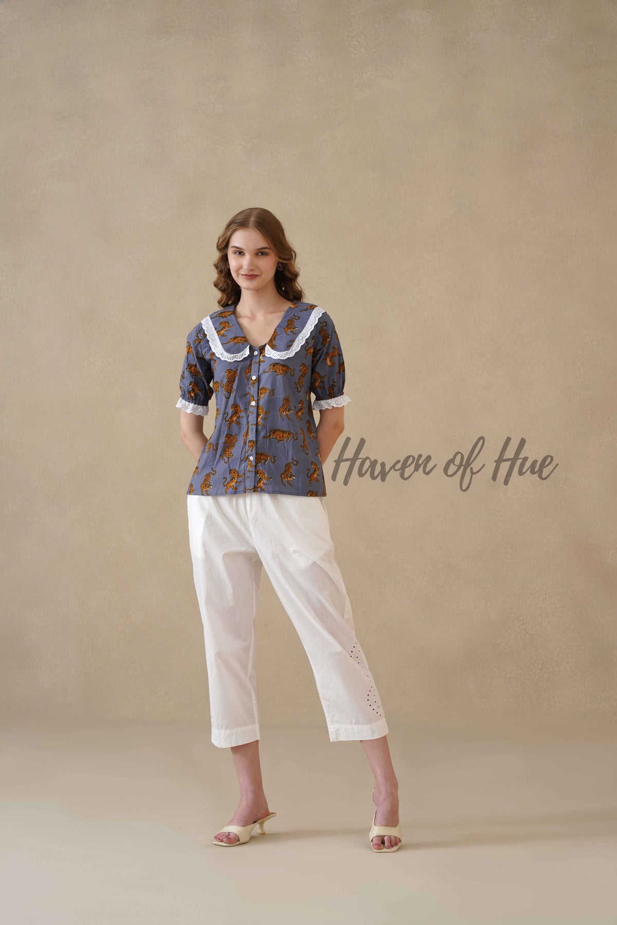 Women's Leopard Block Printed Cotton Blouse with Lace Peter Pan Collar