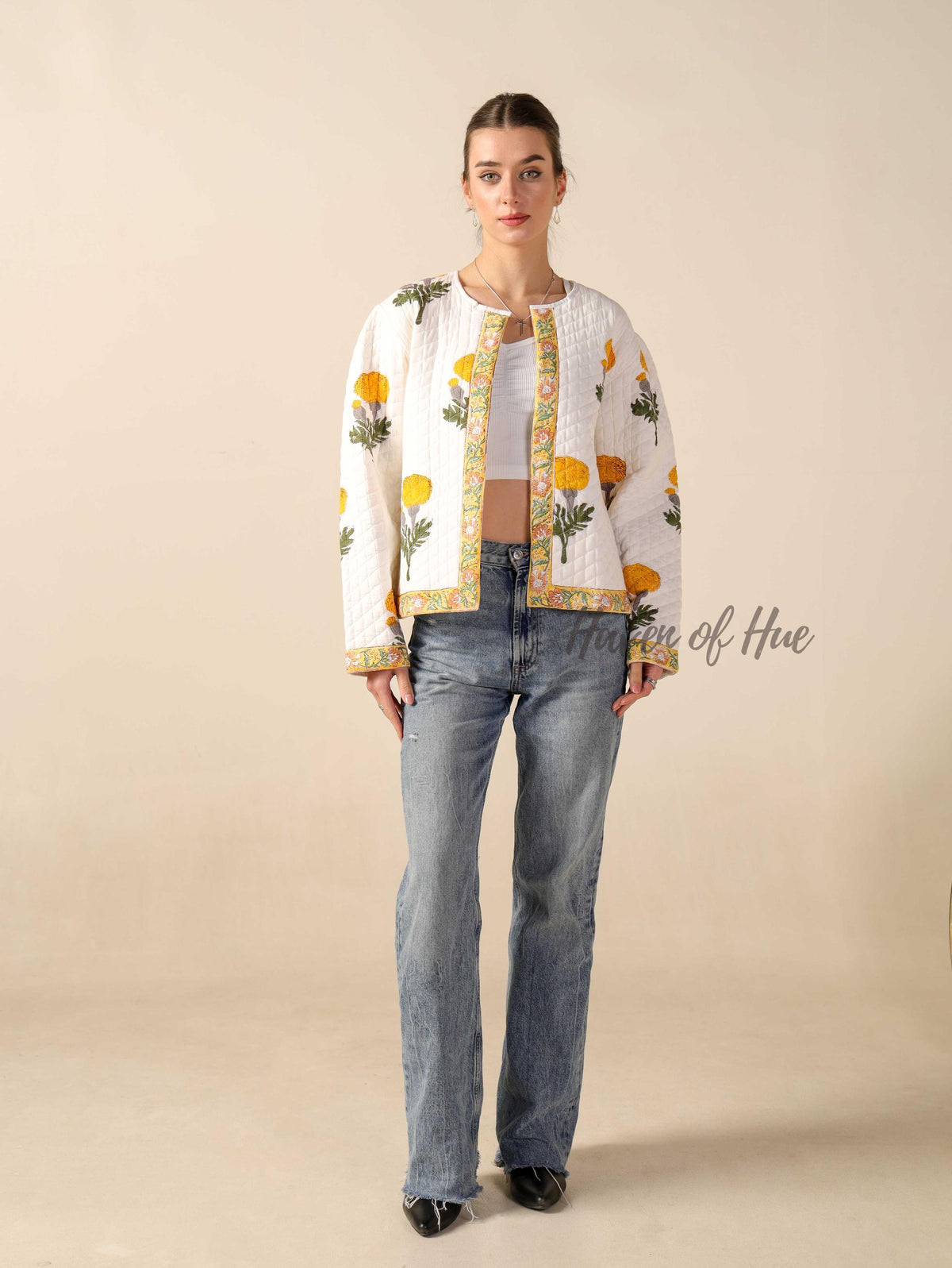 Hand Block Printed Cotton Quilted Jacket for Women Floral Boho Open Front Jacket