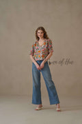 Women’s Multicolor Floral Cotton Wrap Blouse with Adjustable Tie Waist