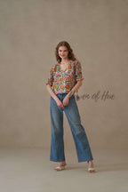 Women’s Multicolor Floral Cotton Wrap Blouse with Adjustable Tie Waist