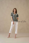 Women’s Indigo Blue Floral Cotton Summer Top with Lace Collar Detail